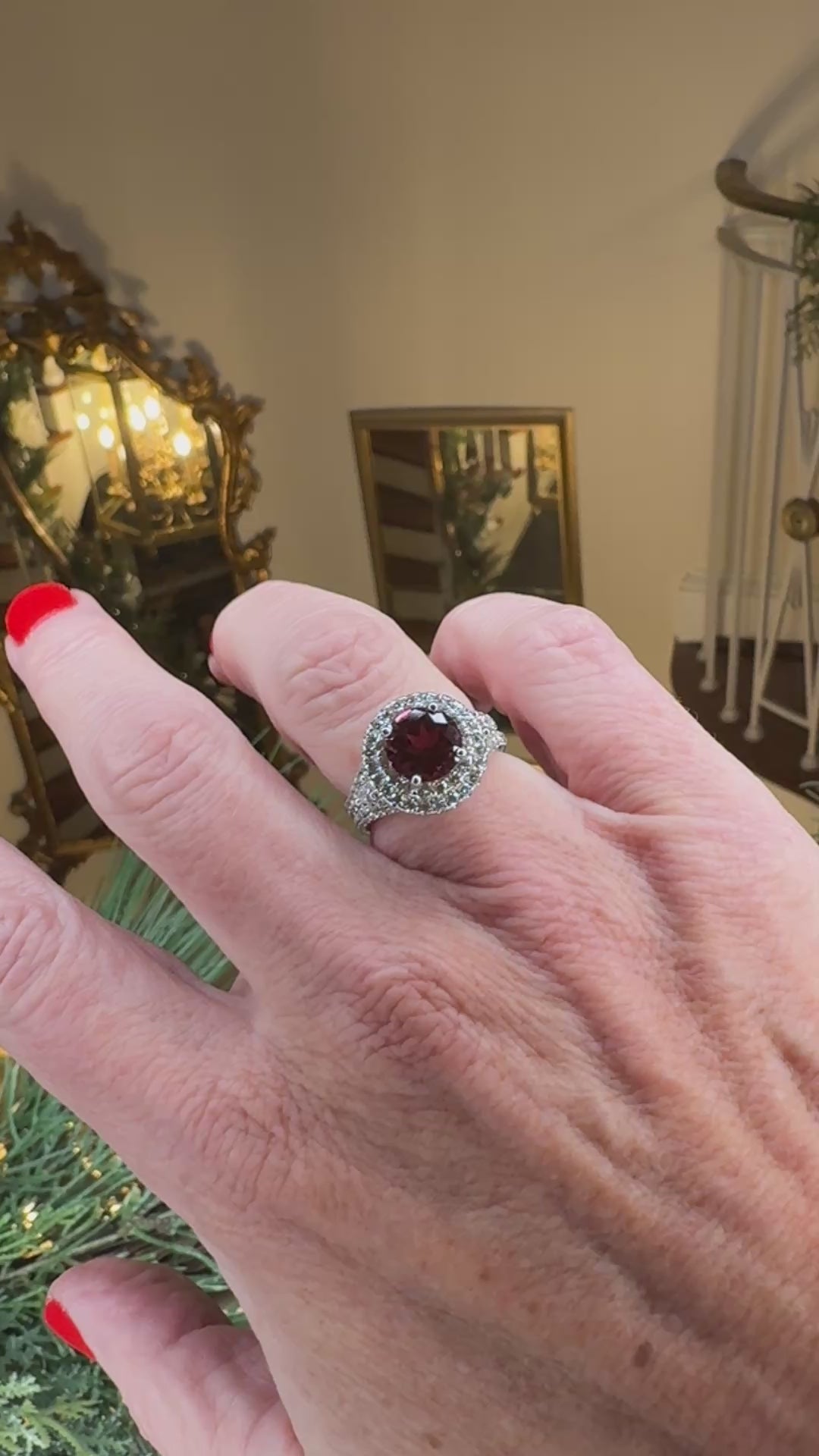 Garnet and Diamond 18K White Gold Estate Ring