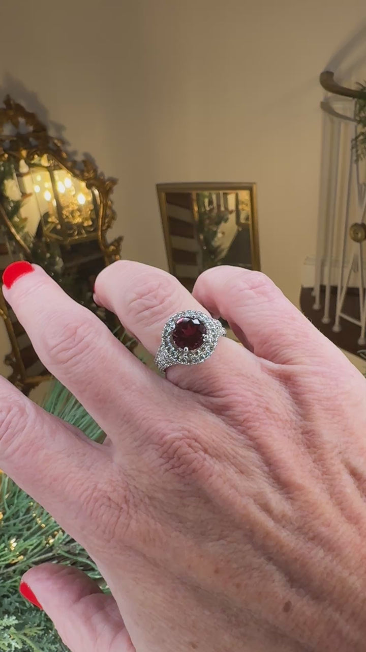 Garnet and Diamond 18K White Gold Estate Ring