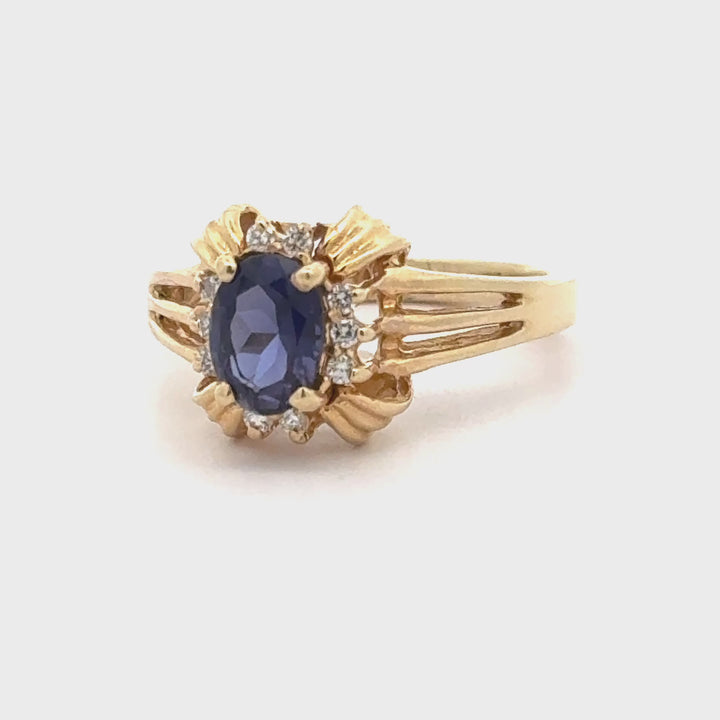 14K Yellow Gold Oval Iolite and Diamond Ring