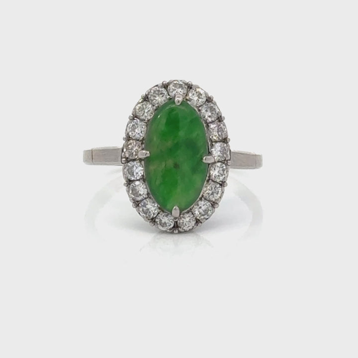 Natural Jade, Diamond and Platinum Vintage Halo Ring