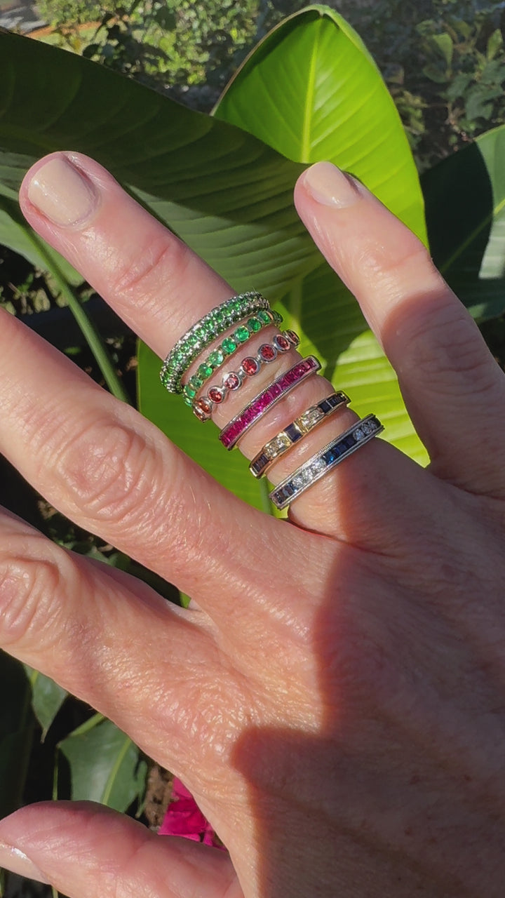 Tsavorite and 18K White Gold Three Sided Stackable Eternity Band/Ring