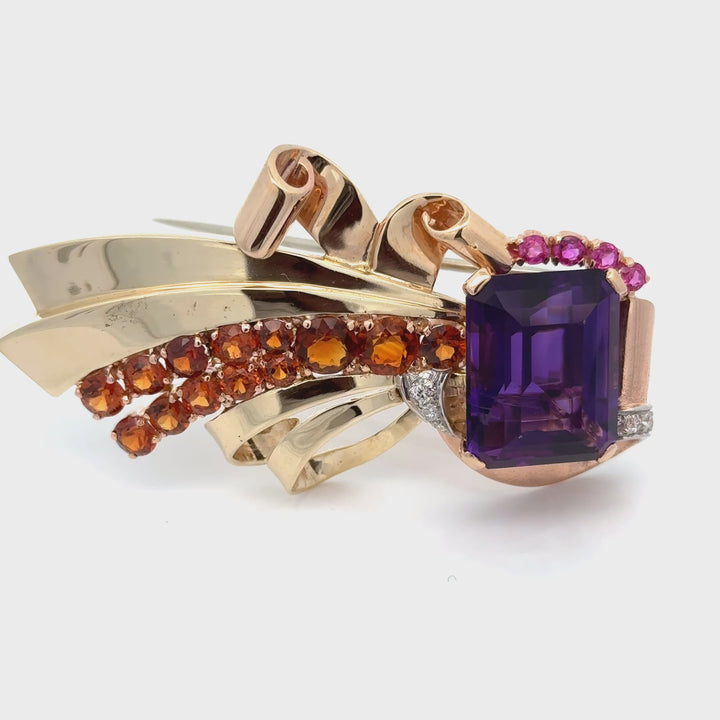 Retro Estate Amethyst, Garnet, Pink Sapphire and Diamond 14K Brooch