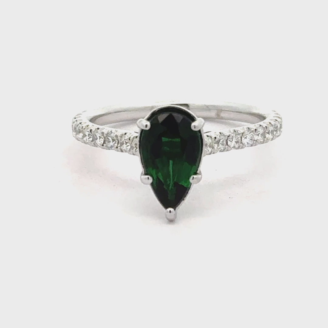 Pear Shaped Chrome Green Tourmaline, Diamond and 14K White Gold Ring