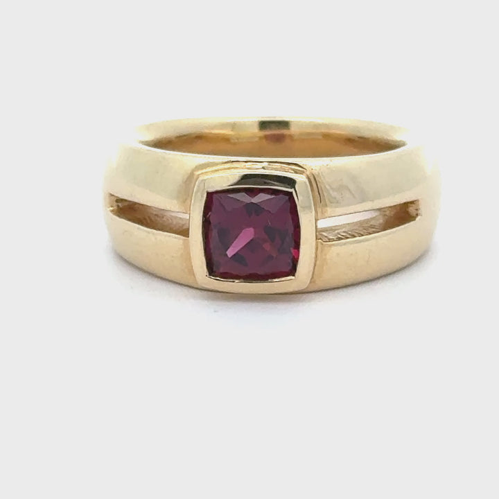 Cushion Cut Rhodolite Garnet and 14K Yellow Gold Ring